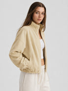 YUCOLEN Women's Cropped Fleece Jacket Full Zip Lightweight Workout Coat in Light Khaki