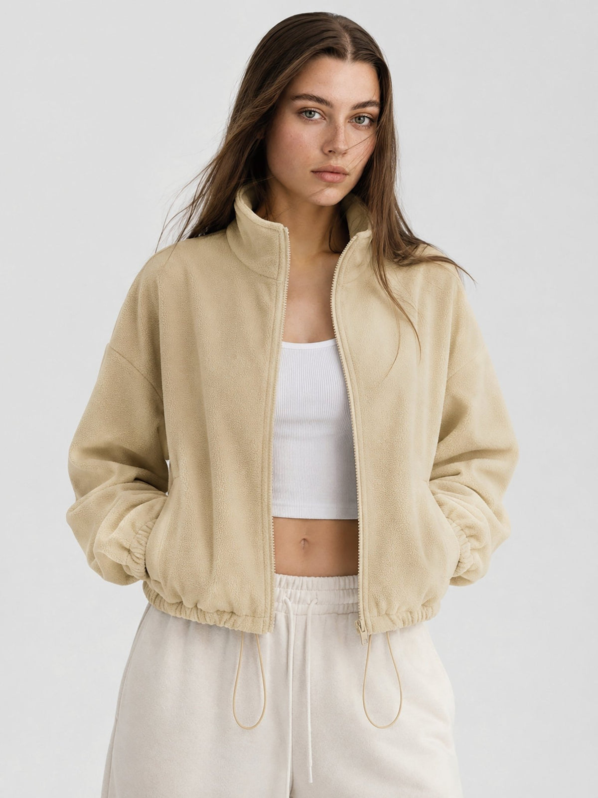 YUCOLEN Women's Cropped Fleece Jacket Full Zip Lightweight Workout Coat in Light Khaki