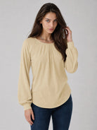 YUCOLEN Women's Lantern Sleeve Pleated Blouse Soft Cotton Rayon Dressy Casual Top in Light Khaki