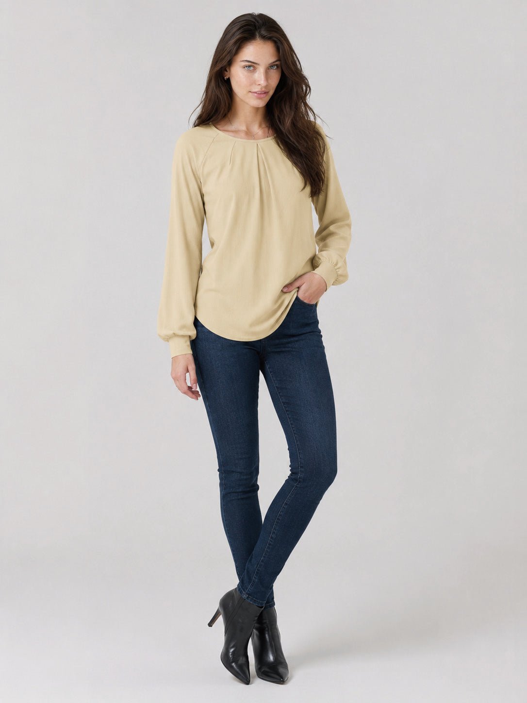 YUCOLEN Women's Lantern Sleeve Pleated Blouse Soft Cotton Rayon Dressy Casual Top in Light Khaki