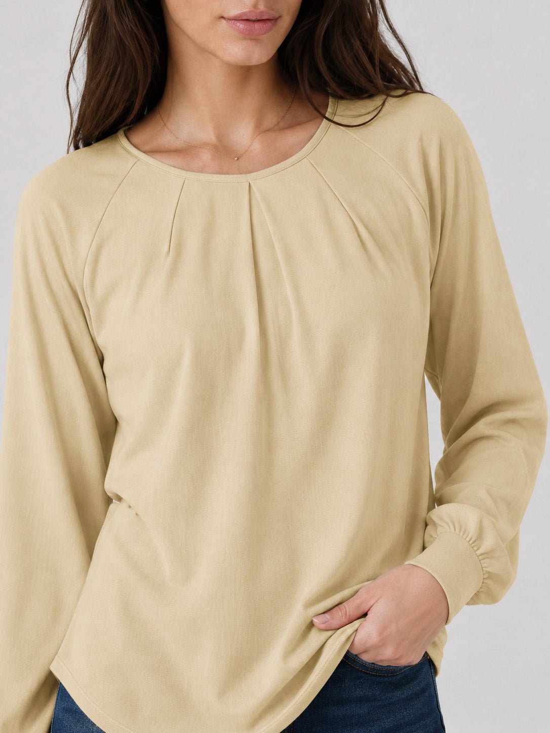 YUCOLEN Women's Lantern Sleeve Pleated Blouse Soft Cotton Rayon Dressy Casual Top in Light Khaki