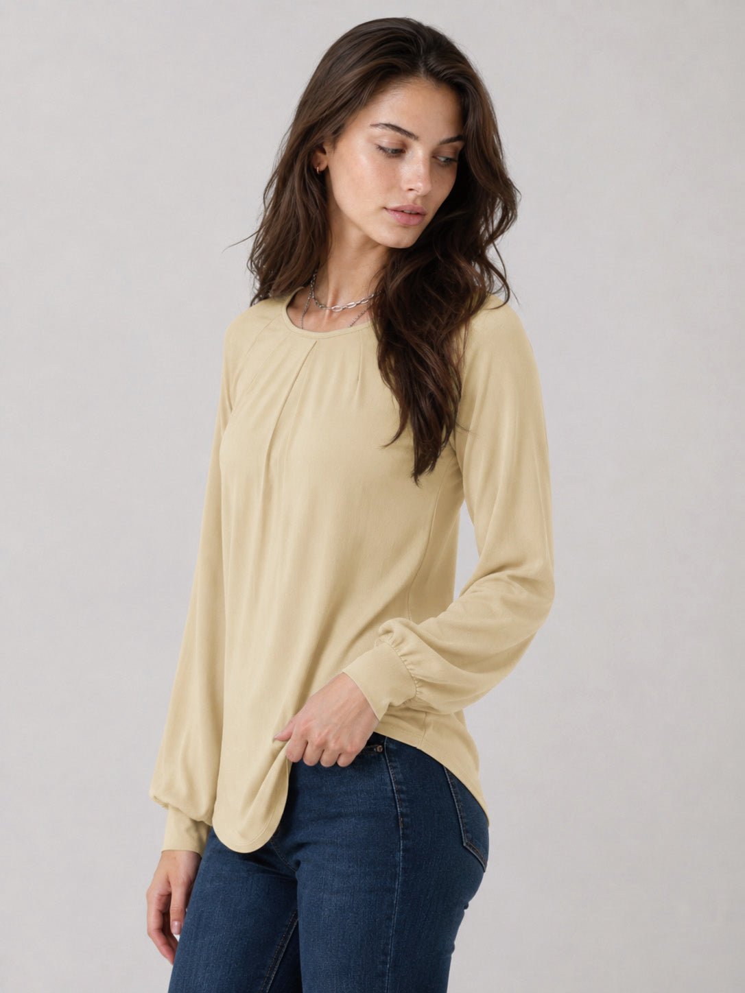 YUCOLEN Women's Lantern Sleeve Pleated Blouse Soft Cotton Rayon Dressy Casual Top in Light Khaki
