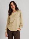 YUCOLEN Women's Lantern Sleeve Pleated Blouse Soft Cotton Rayon Dressy Top in Light Khaki