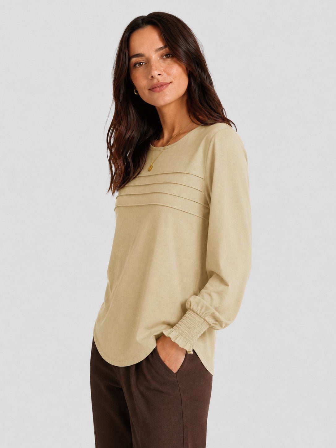 YUCOLEN Women's Lantern Sleeve Pleated Blouse Soft Cotton Rayon Dressy Top in Light Khaki