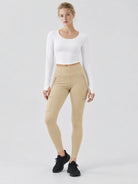 YUCOLEN Women's Outdoor Stretch Leggings with High Waist and Pockets in Light Khaki