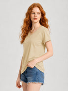 YUCOLEN Women's UPF 50+ V Neck T-Shirt Soft Tri-Blend Sun Protection Performance Tee in Light khaki