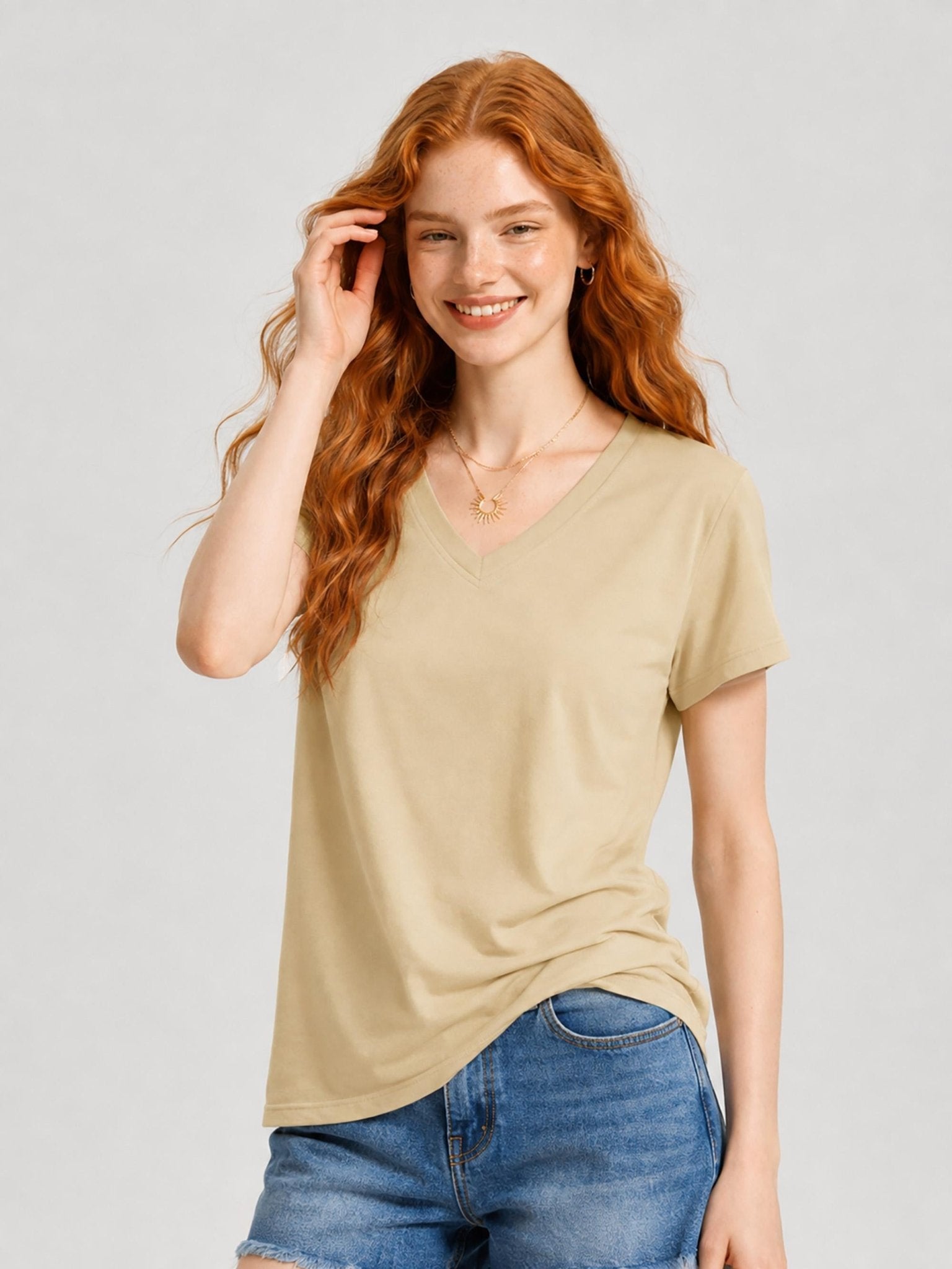 YUCOLEN Women's UPF 50+ V Neck T-Shirt Soft Tri-Blend Sun Protection Performance Tee in Light khaki