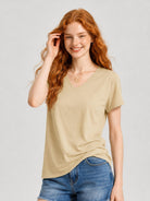 YUCOLEN Women's UPF 50+ V Neck T-Shirt Soft Tri-Blend Sun Protection Performance Tee in Light khaki