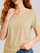 YUCOLEN Women's UPF 50+ V Neck T-Shirt Soft Tri-Blend Sun Protection Performance Tee in Light khaki
