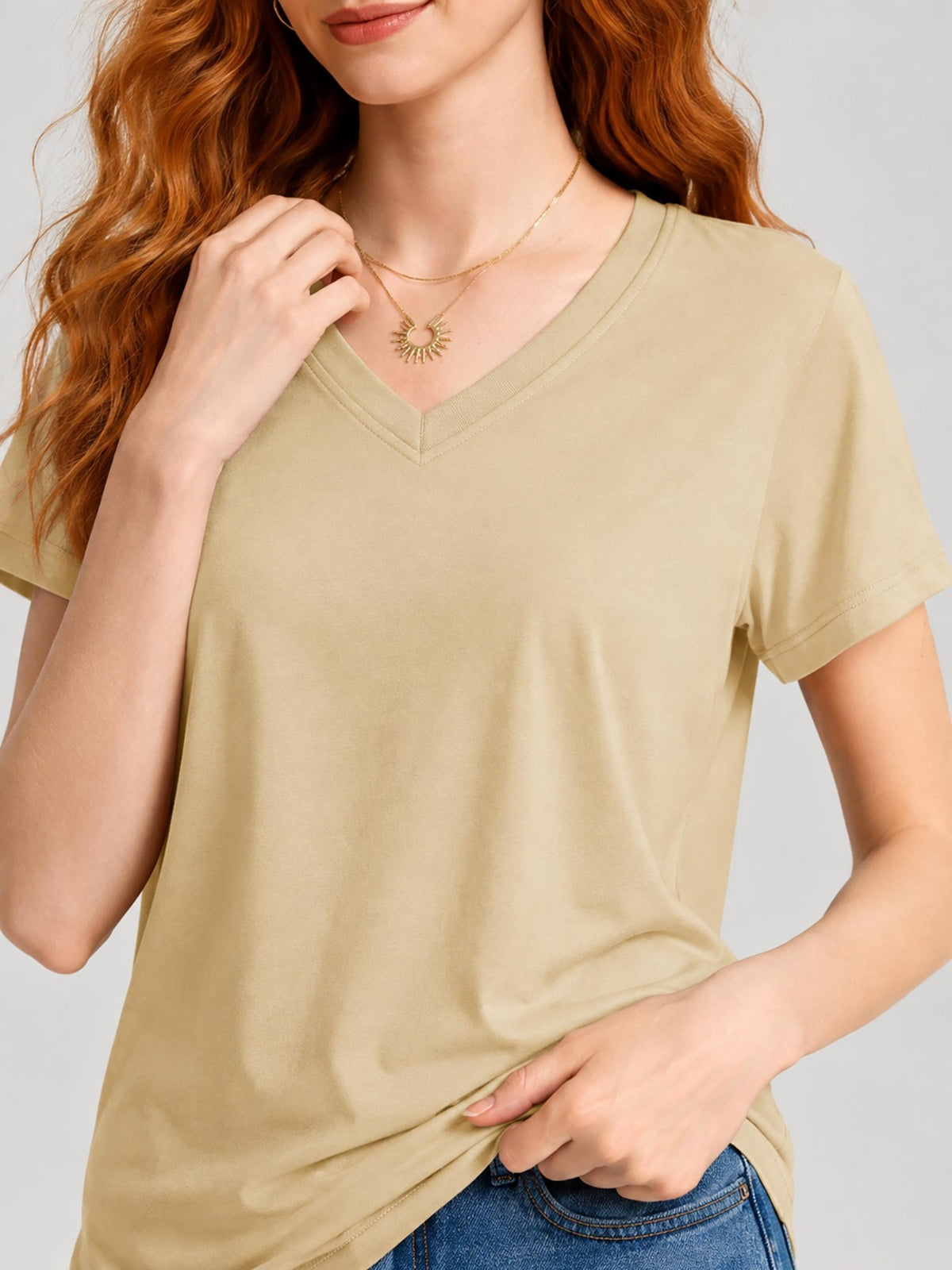 YUCOLEN Women's UPF 50+ V Neck T-Shirt Soft Tri-Blend Sun Protection Performance Tee in Light khaki