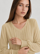 YUCOLEN Women's V Neck Pleated Tunic Blouse Ruffle Cuff Long Sleeve Shirt in Light Khaki