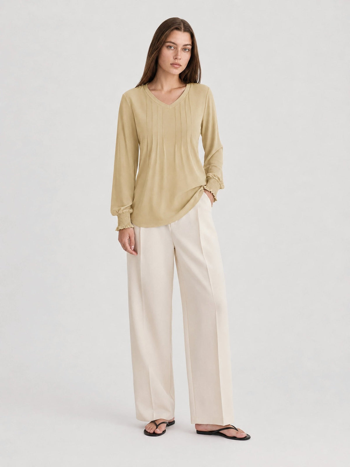 YUCOLEN Women's V Neck Pleated Tunic Blouse Ruffle Cuff Long Sleeve Shirt in Light Khaki