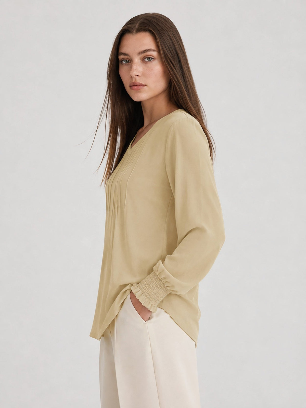 YUCOLEN Women's V Neck Pleated Tunic Blouse Ruffle Cuff Long Sleeve Shirt in Light Khaki