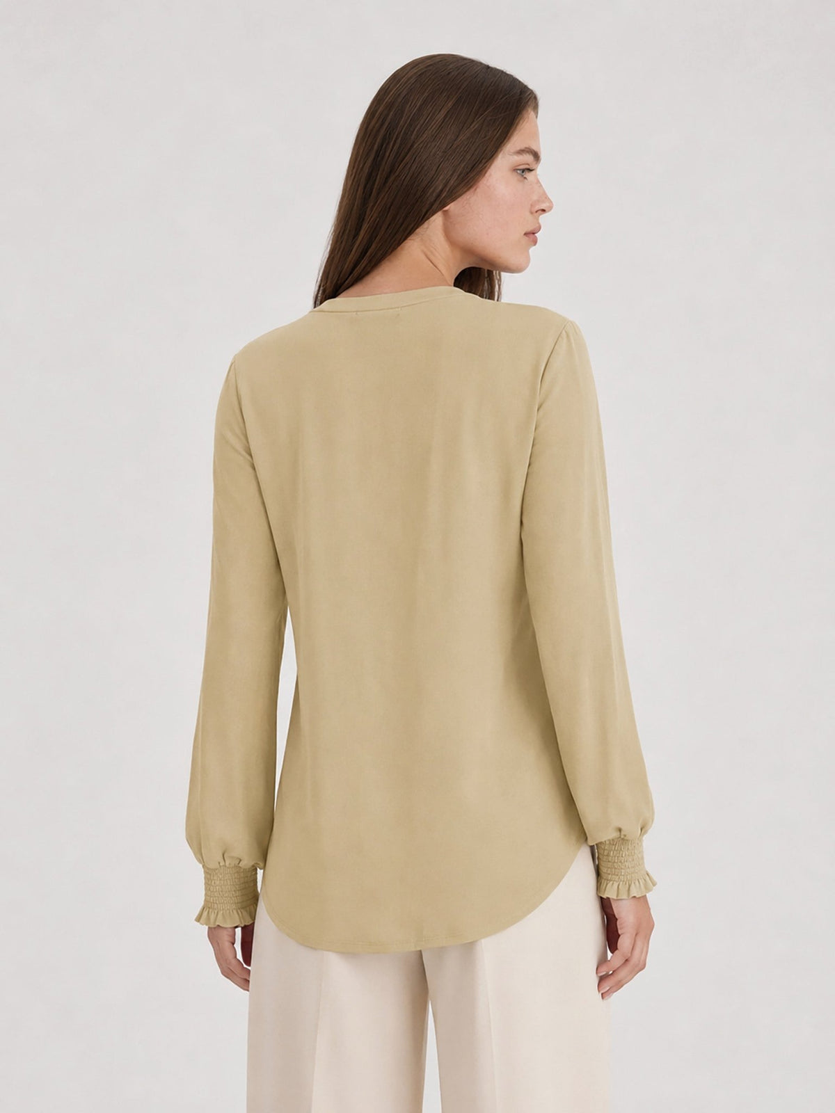 YUCOLEN Women's V Neck Pleated Tunic Blouse Ruffle Cuff Long Sleeve Shirt in Light Khaki