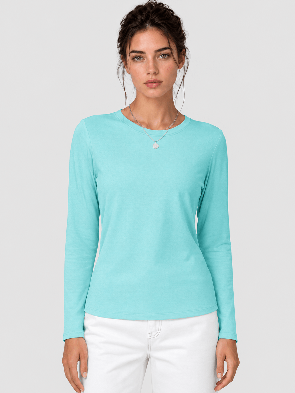 YUCOLEN Women's Long Sleeve Crew Neck Shirt Soft Tri-blend Cotton Performance Tee in Light Lack Blue