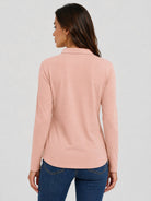 YUCOLEN Women's Long Sleeve Golf Shirt Breathable Cotton Blend 5-Button Top in Light Peach