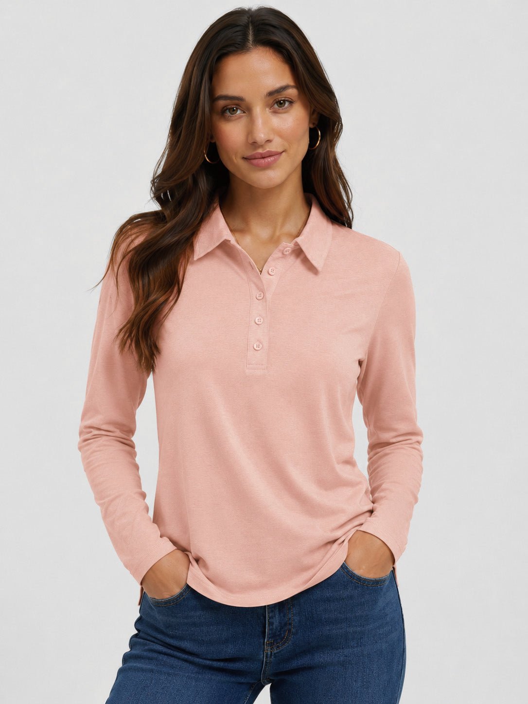 YUCOLEN Women's Long Sleeve Golf Shirt Breathable Cotton Blend 5-Button Top in Light Peach