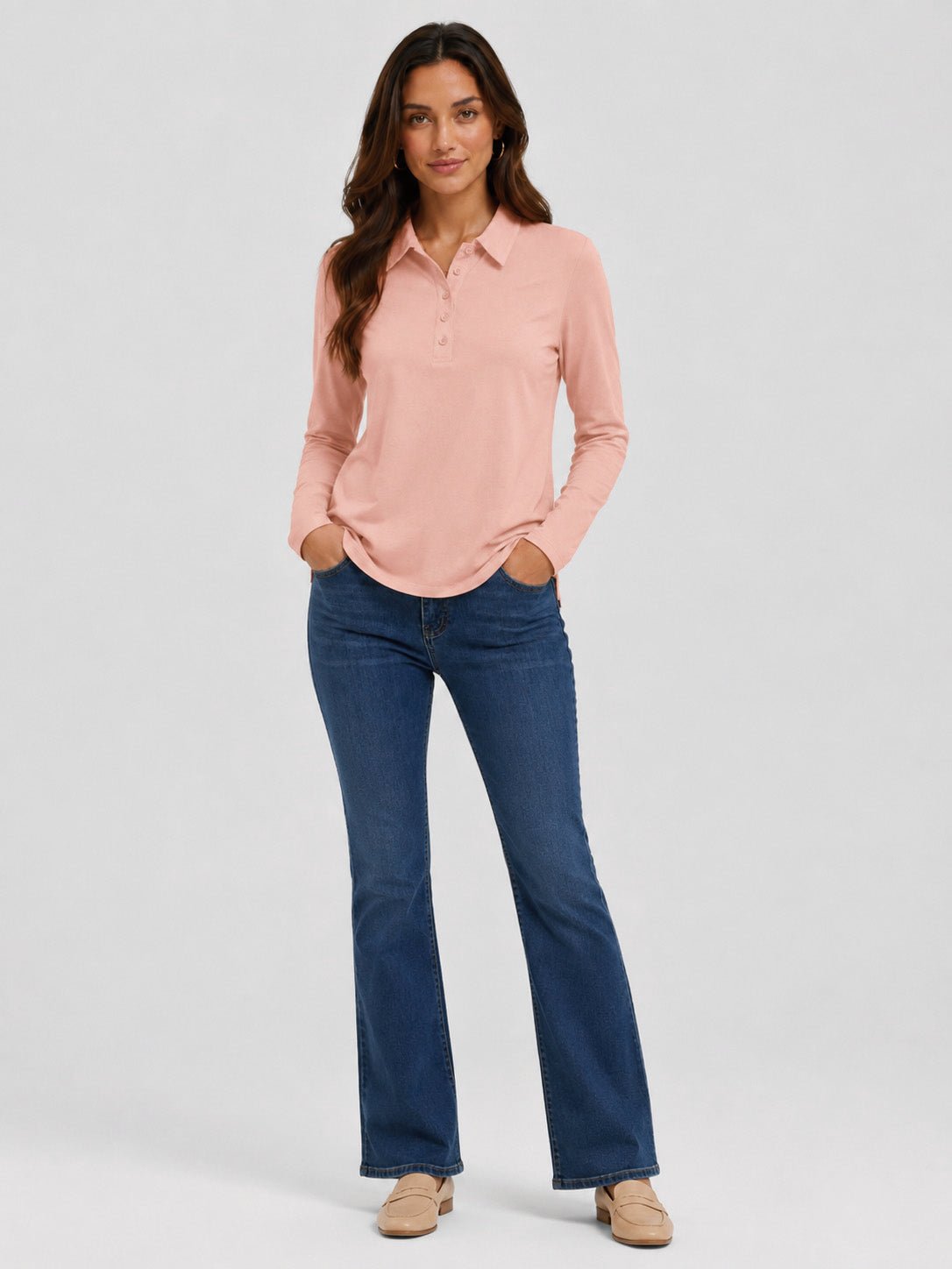 YUCOLEN Women's Long Sleeve Golf Shirt Breathable Cotton Blend 5-Button Top in Light Peach