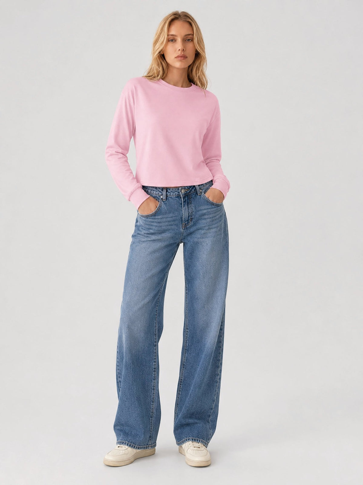 YUCOLEN Women's Breathable Cotton Blend Long Sleeve Crewneck Cropped Top in Light Pink