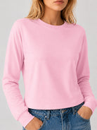 YUCOLEN Women's Breathable Cotton Blend Long Sleeve Crewneck Cropped Top in Light Pink