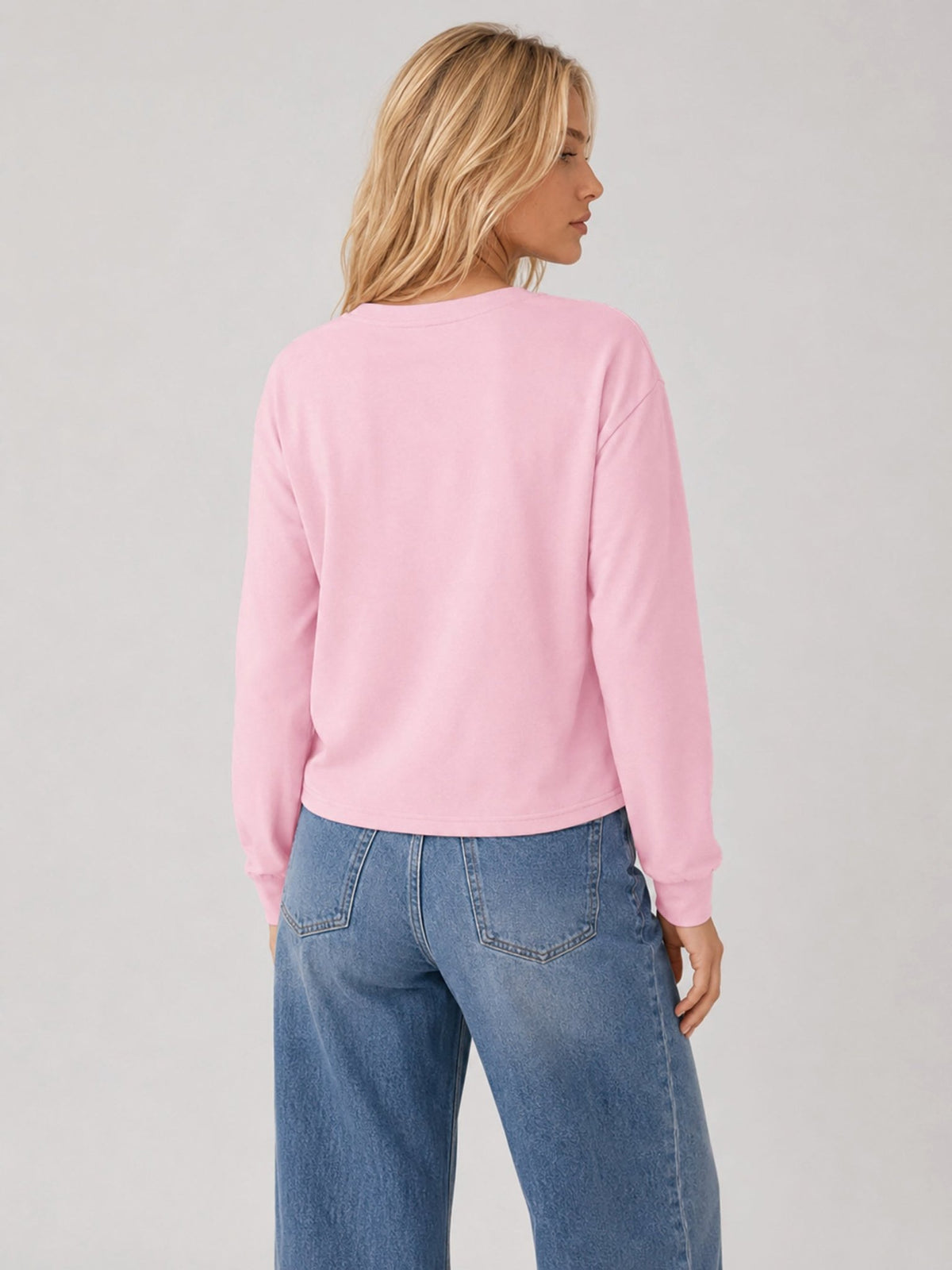 YUCOLEN Women's Breathable Cotton Blend Long Sleeve Crewneck Cropped Top in Light Pink