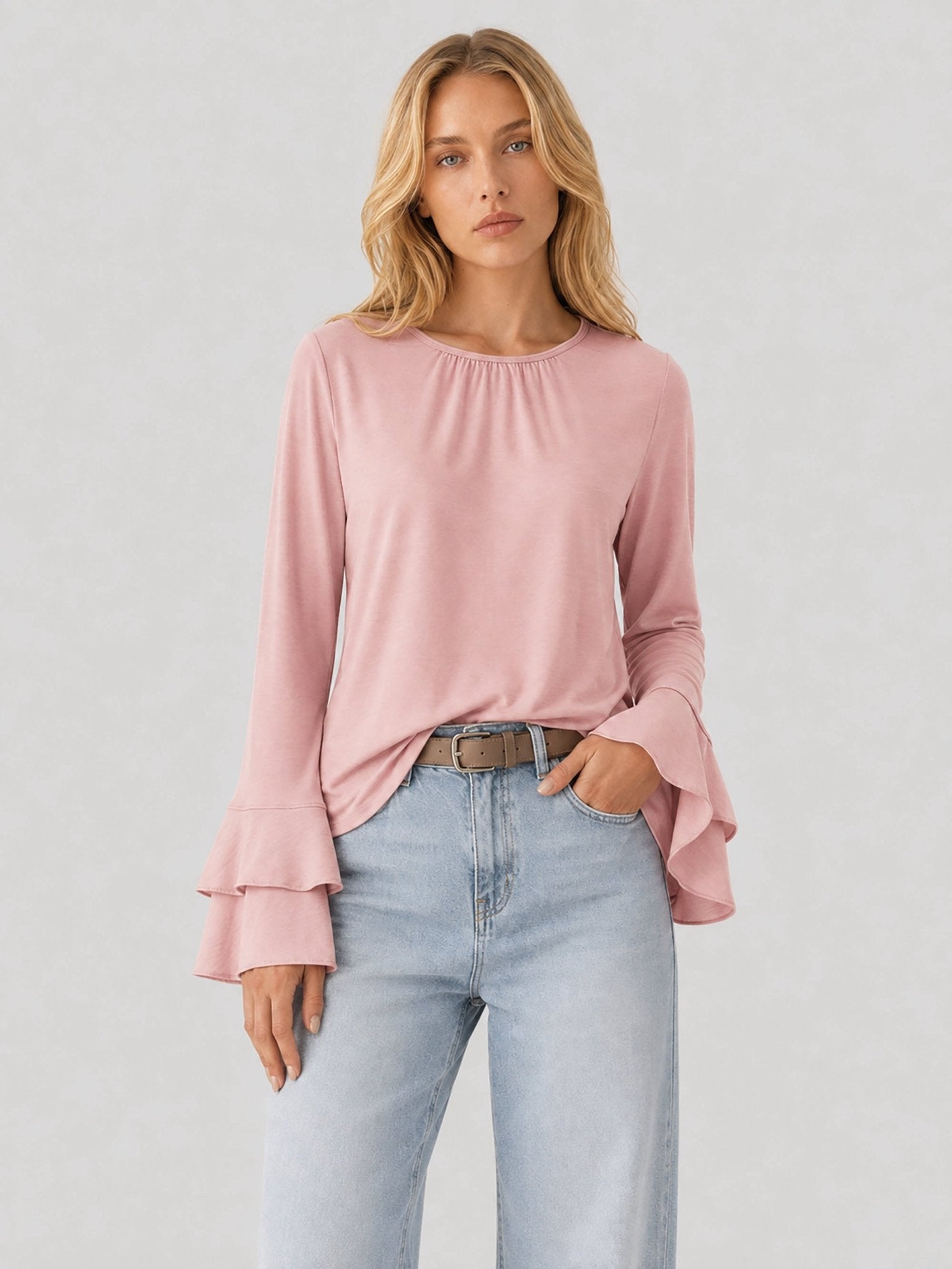 YUCOLEN Women's Double Ruffle Bell Sleeve Dressy Casual Tunic Blouse in Light Pink
