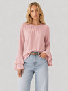 YUCOLEN Women's Double Ruffle Bell Sleeve Dressy Casual Tunic Blouse in Light Pink