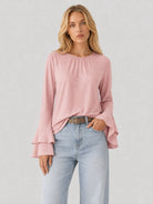 YUCOLEN Women's Double Ruffle Bell Sleeve Dressy Casual Tunic Blouse in Light Pink