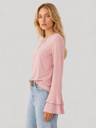 YUCOLEN Women's Double Ruffle Bell Sleeve Dressy Casual Tunic Blouse in Light Pink