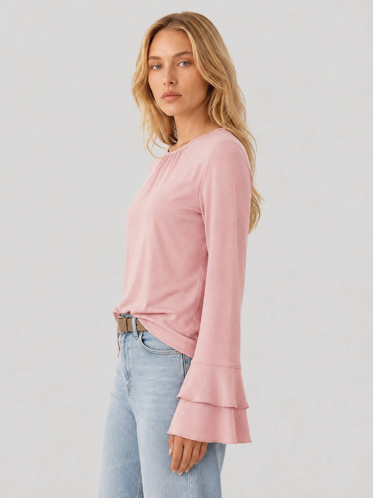 YUCOLEN Women's Double Ruffle Bell Sleeve Dressy Casual Tunic Blouse in Light Pink