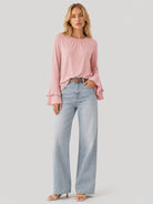 YUCOLEN Women's Double Ruffle Bell Sleeve Dressy Casual Tunic Blouse in Light Pink