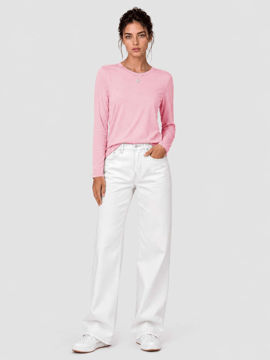 YUCOLEN Women's Long Sleeve Crew Neck Shirt Soft Tri-blend Cotton Performance Tee in Light Pink