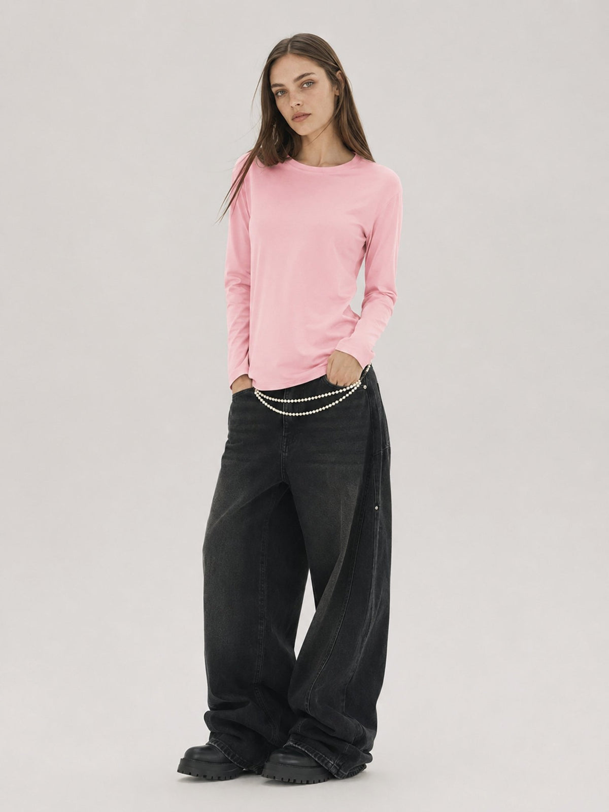 YUCOLEN Women's Long Sleeve Tri-blend Shirt Soft Breathable Loose Fit Crew Neck Tee in Light Pink