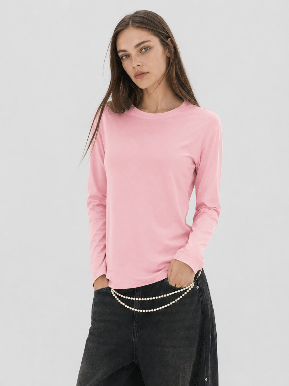 YUCOLEN Women's Long Sleeve Tri-blend Shirt Soft Breathable Loose Fit Crew Neck Tee in Light Pink