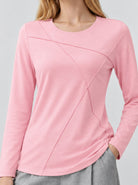 YUCOLEN Womens Pleated Crew Neck Long Sleeve Casual Stretch Top in Light Pink