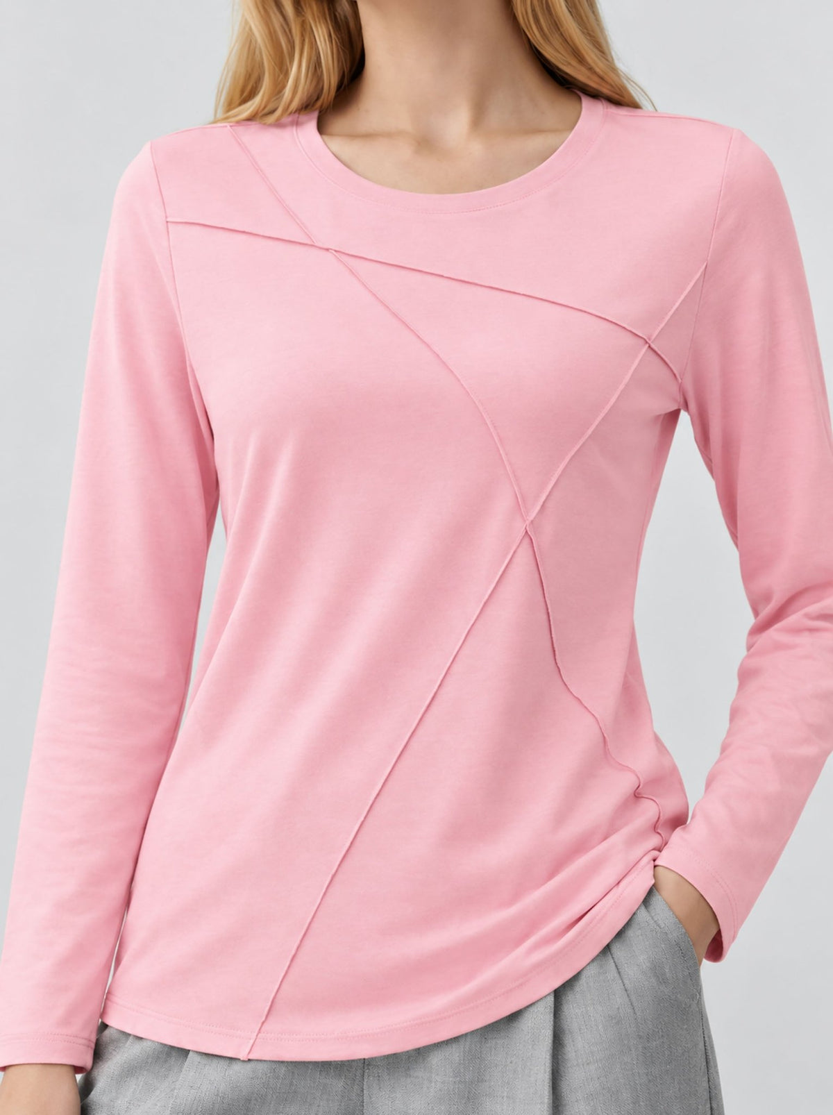 YUCOLEN Womens Pleated Crew Neck Long Sleeve Casual Stretch Top in Light Pink
