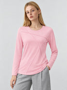 YUCOLEN Womens Pleated Crew Neck Long Sleeve Casual Stretch Top in Light Pink