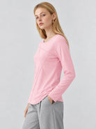 YUCOLEN Womens Pleated Crew Neck Long Sleeve Casual Stretch Top in Light Pink