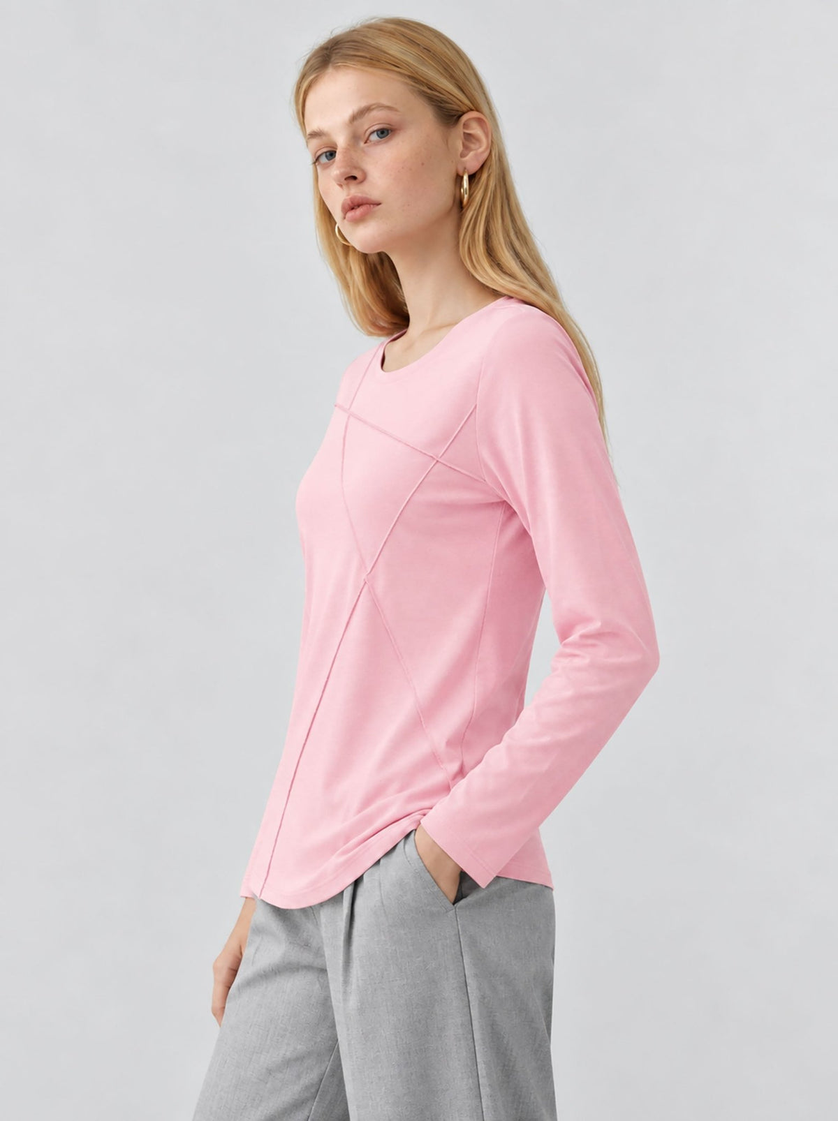YUCOLEN Womens Pleated Crew Neck Long Sleeve Casual Stretch Top in Light Pink