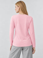 YUCOLEN Womens Pleated Crew Neck Long Sleeve Casual Stretch Top in Light Pink