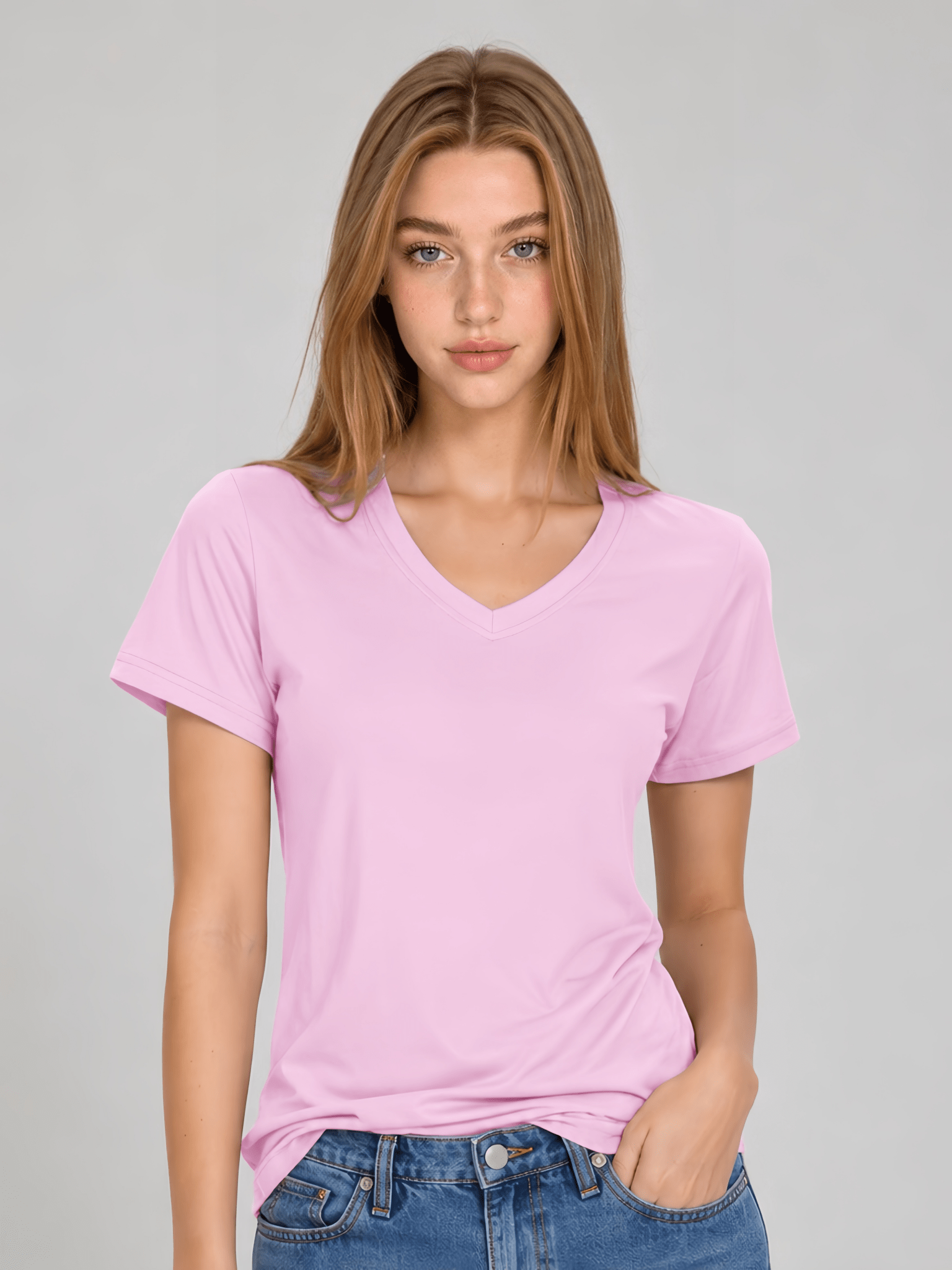 YUCOLEN Women's Premium Cotton V-Neck T-Shirt Breathable Tag-Free Short Sleeve Tee in Light Pink