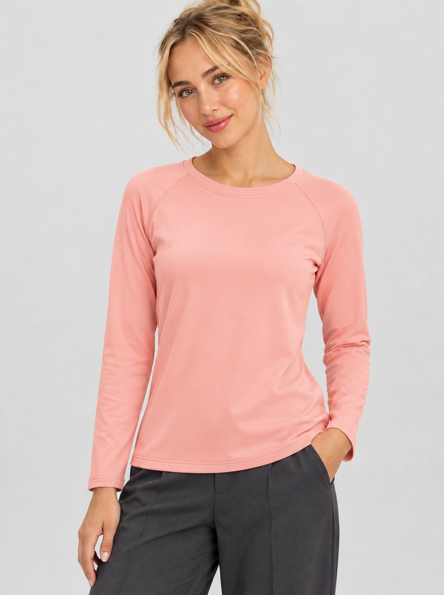 YUCOLEN Women’s Stretch Thermal Long Sleeve Active Top in Light Pink