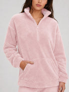YUCOLEN Women's Stretchy Half Zip Fuzzy Sherpa Pullover with Kangaroo Pocket in Light Pink