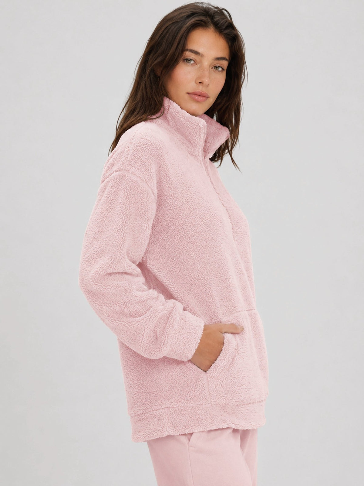 YUCOLEN Women's Stretchy Half Zip Fuzzy Sherpa Pullover with Kangaroo Pocket in Light Pink