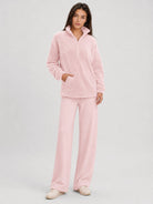 YUCOLEN Women's Stretchy Half Zip Fuzzy Sherpa Pullover with Kangaroo Pocket in Light Pink