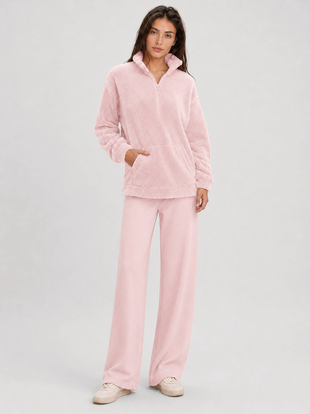 YUCOLEN Women's Stretchy Half Zip Fuzzy Sherpa Pullover with Kangaroo Pocket in Light Pink