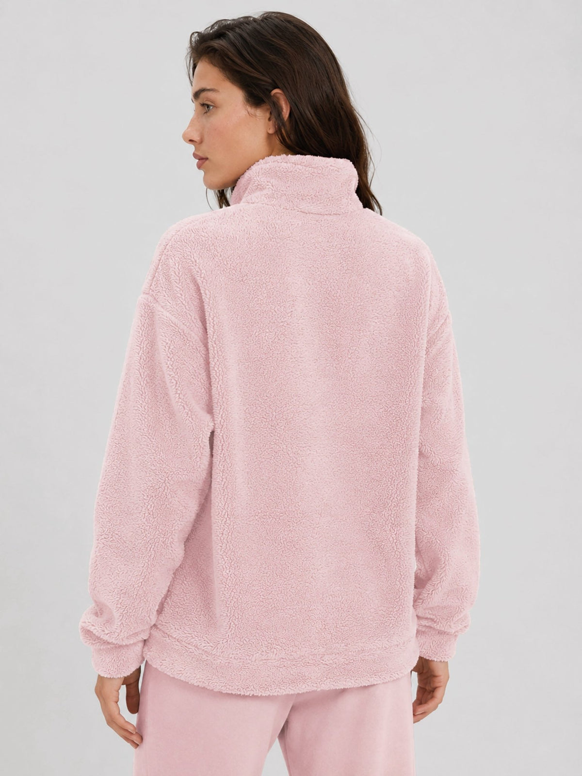 YUCOLEN Women's Stretchy Half Zip Fuzzy Sherpa Pullover with Kangaroo Pocket in Light Pink