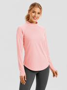 YUCOLEN Women's Thermal Fleece Lined Mock Neck Shirt with Thumb Holes in Light Pink