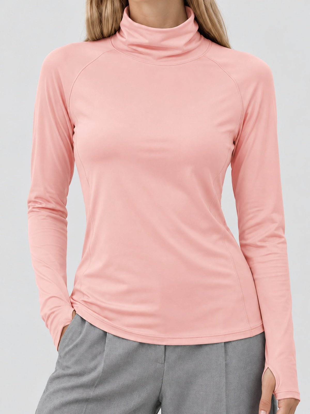 YUCOLEN Womens Thermal Long Sleeve Workout Top with Thumb Holes in Light Pink
