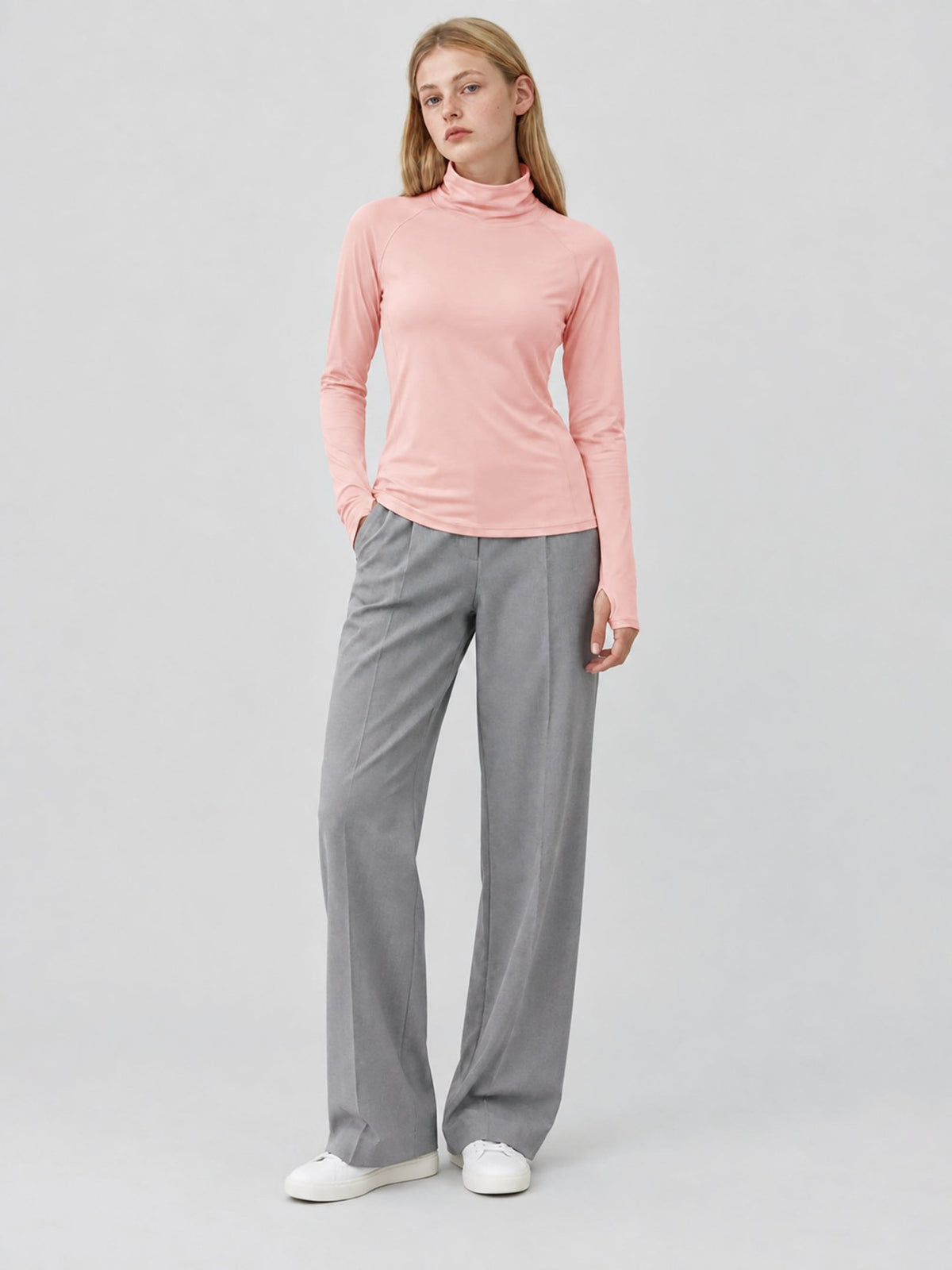 YUCOLEN Womens Thermal Long Sleeve Workout Top with Thumb Holes in Light Pink